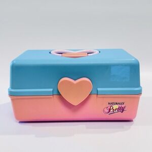Vintage Naturally Pretty Caboodle Style 90s Teal Pink Heart Handle Makeup Case